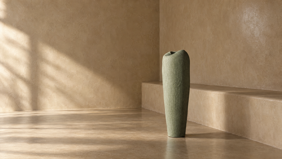 Vase en tadelakt vert sauge Casarin dans un intérieur minimaliste en tadelakt