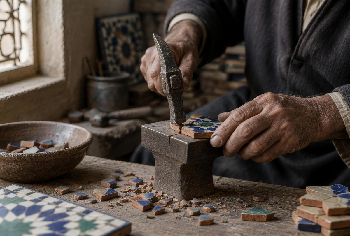 Ein Handwerker schneidet eine glasierte Fliese mit dem Hammer