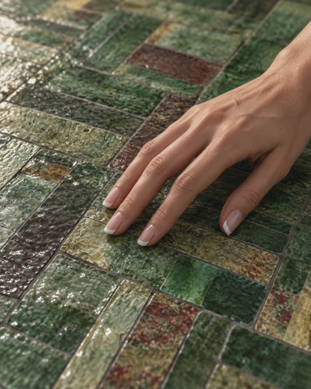 Hand gliding over hand-glazed green Tamegrout ceramic, light moving across the glaze